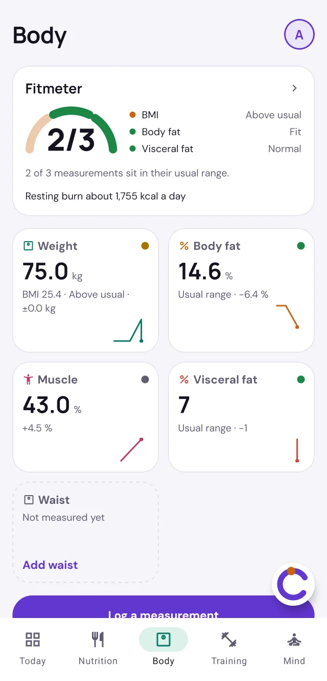 Body screen: weight, body fat, muscle and visceral fat tiles with trends, and a fitmeter.