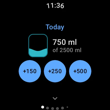 Water screen: a glass filling up, 250 ml of 2,500 ml, and buttons for 150, 250 and 500 ml